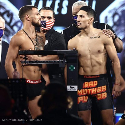 Choque de miradas: el tenso pesaje de Lomachenko y Teófimo