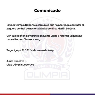 Comunicado Club Olimpia Deportivo.