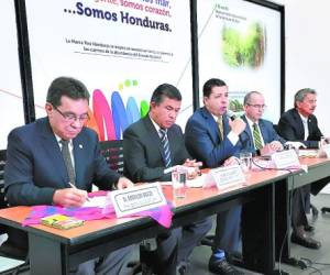 Donaldo Suazo, presidente de Canaturh; Emilio Silvestri, IHT; Arnaldo Castillo, secretario de Economía; Juan Carlos Álvarez, presidente de Banhprovi; y Epaminondas Marinakys, de Canaturh.