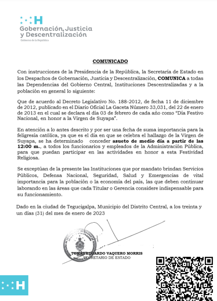 Este es el comunicado, el cual fue firmado por el secretario de Gobernación, Tomás Vaquero.