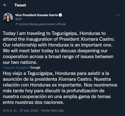 Migración, el tema abordado entre Xiomara Castro y Kamala Harris en Honduras&nbsp;&nbsp;