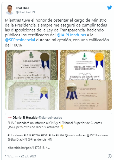 Tweet de Ebal Díaz el 22 de julio de 2021 en respuesta a EL HERALDO.