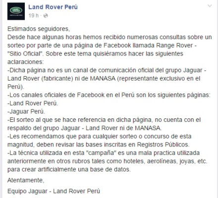 Range Rover no regalará camioneta en concurso