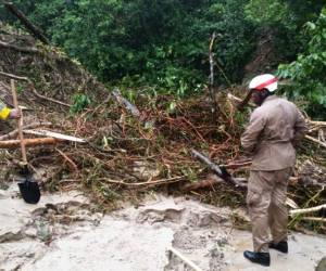 Bomberos que se dirigen hacia el pueblo de Sinaí, donde tres personas murieron cuando un alud debido a las fuertes lluvias causó el colapso de una casa, en el municipio de Omoa, departamento de Cortes, a 230 km al norte de Tegucigalpa, el 31 de enero de 2018. / Cuerpo de Bomberos