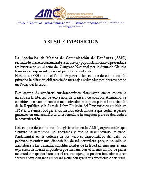 AMC rechaza “abusiva” iniciativa de obligar a medios de comunicación a difundir mensajes del Estado