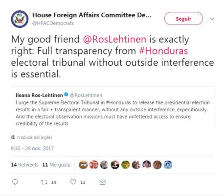 Congresista estadounidense Ileana Ros-Lehtinen pide al TSE brinde resultados