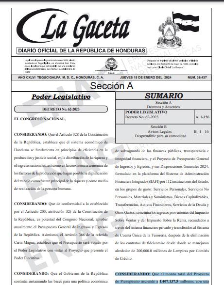 Publicado en La Gaceta el Presupuesto General de la República 2024