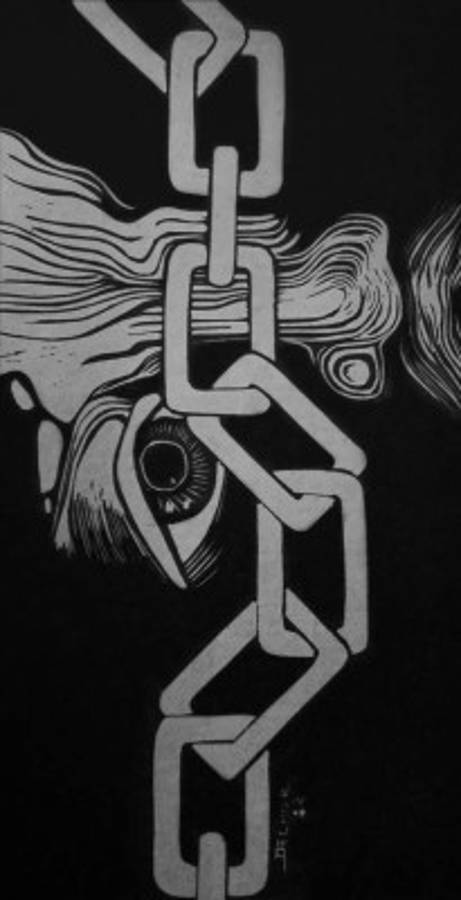 “Seguridad nacional”, 1983. Publicado en 1986 en la revista Tragaluz Nº 15. La cadena fue un elemento visual muy usado en la época, símbolo de represión.