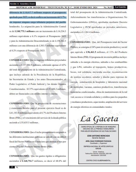 Publicado en La Gaceta el Presupuesto General de la República 2024
