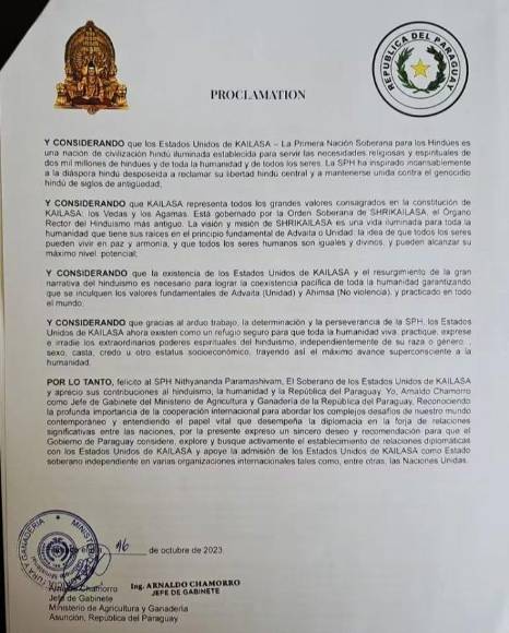 Estados Unidos de Kailasa, país ficticio que va a la ONU y hasta firma convenios