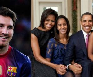 El jugador Lionel Messi a la izquierda. Michelle, Sasha, Malia, y Obama, la familia presidencial a la derecha.