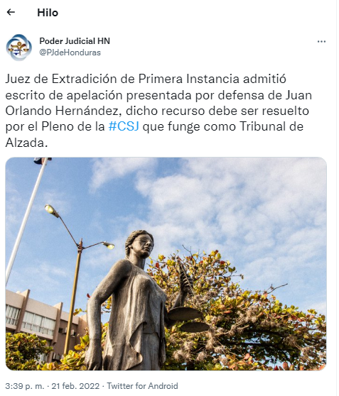 Tuit del Poder Judicial de Honduras.