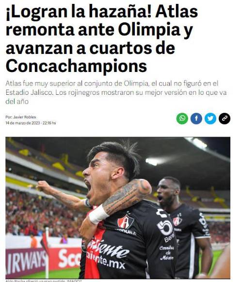 Prensa mexicana califica de “heroica” la remontada del Atlas ante el Olimpia en Concachampions