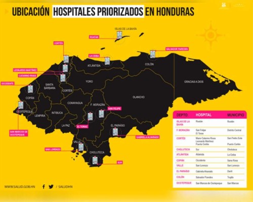 Este mapa dispuesto por la Secretaría de Salud muestra la ubicación de los hospitales aptos para tratar pacientes con coronavirus en el país.