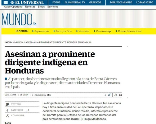 Muerte de Berta Cáceres trasciende fronteras