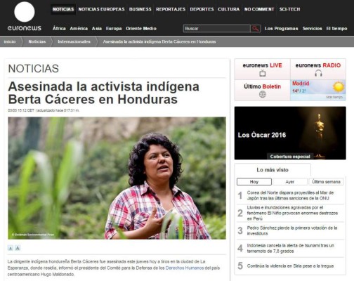 Muerte de Berta Cáceres trasciende fronteras