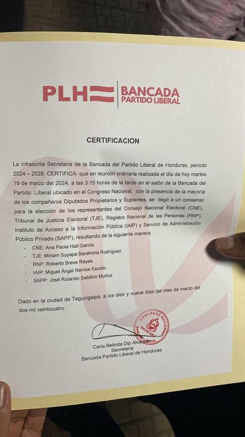 Partido Liberal ratifica a sus representantes en CNE, TJE, IAIP y la SAPP