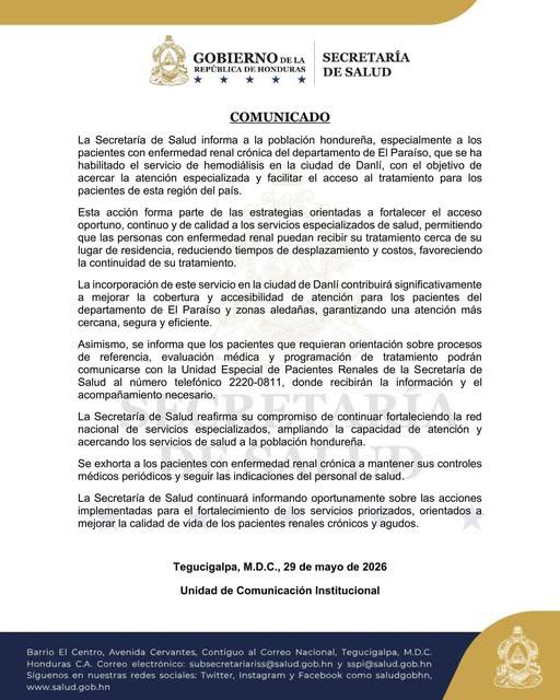 La Sesal anunció este viernes 29 de mayo la habilitación de los servicios de hemodiálisis en la ciudad de Danlí, El Paraíso.