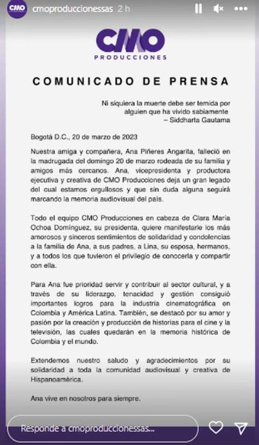 Muere Ana Piñeres, la productora de “Pasión de gavilanes 2”