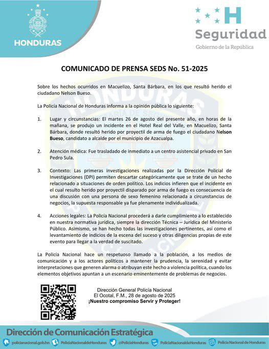 Policía descarta móvil político en atentado contra candidato a alcalde Nelson Bueso