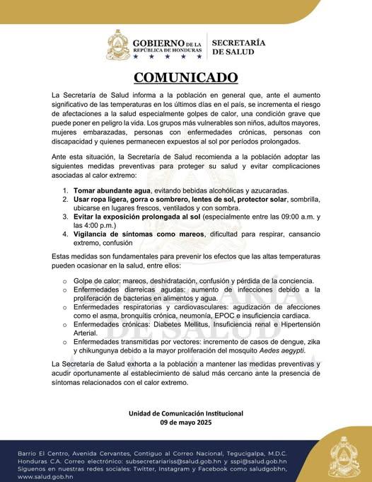 Este sábado la Sesal emitió un comunicado en el que alerta a la población ante las temperaturas.