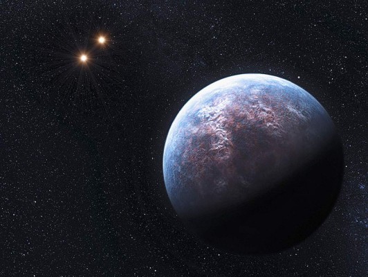 An artist's rendering image released to Reuters on October 19, 2009 shows an exoplanet 6 times the Earth-size circulating around its low-mass host star at a distance equal to 1/20th of the Earth-Sun distance. The host star is a companion to two other low-mass stars, which are seen here in the distance (L). European astronomers announced they had found 32 new planets orbiting stars outside our solar system and said on Monday they believe their find means that 40 percent or more of Sun-like stars have such planets. REUTERS/ESO/L. Calcada/Handout (UNITED STATES ENVIRONMENT SCI TECH) FOR EDITORIAL USE ONLY. NOT FOR SALE FOR MARKETING OR ADVERTISING CAMPAIGNS SPACE-PLANETS/WAS01_SPACE-PLANETS-_1019_11.JPG
