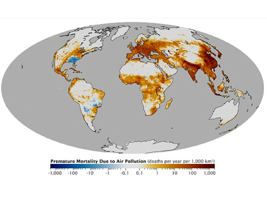 Mapa de la NASA muestra países con más muertes por contaminación