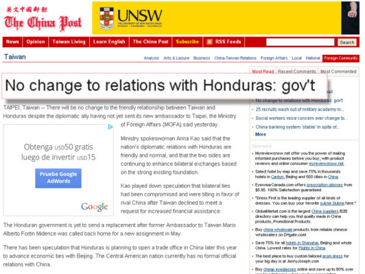 Taiwán asegura que no habrá ningún cambio en relaciones con Honduras