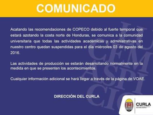 Honduras: Suspenden clases y actividades en el CURLA y UNAH-VS por temporal