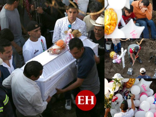 En medio de globos blancos y con figura de ángeles fue despedida la pequeña Fátima Cecilia cuya muerte ha causado conmoción en México. Fotos: AP.