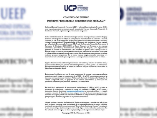 Comunicado de la Unidad Especial Ejecutora de Proyectos (UEEP) y la Unidad Coordinadora de Proyectos (UCP).