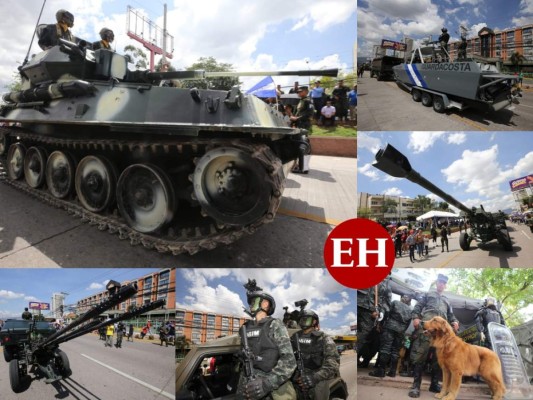 Obuses, embarcaciones para operaciones especiales, lancha patrulleras y agentes caninos fueron parte del desfile por aniversario de las Fuerzas Armadas de Honduras. Fotos: David Romero/El Heraldo.