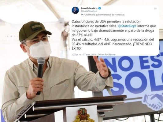 Presidente Hernández: 'mi gobierno bajó dramáticamente el paso de la droga'