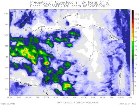 Este mapa difundido por Copeco muestra en color verde las zonas donde se espera se reporten más lluvias en las siguientes 24 horas.