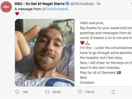 Eriksen envía un mensaje de agradecimiento desde el hospital