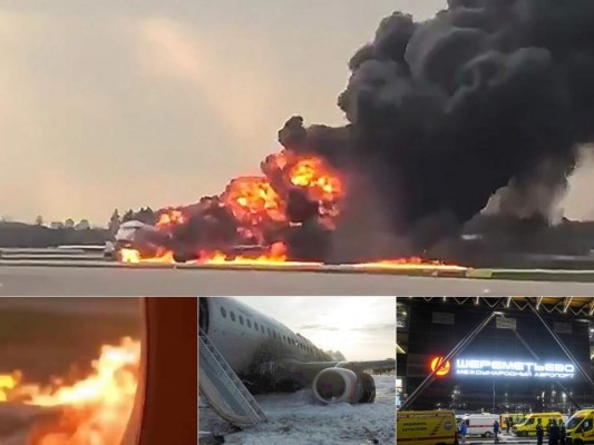 Un avión con 73 pasajeros a bordo se incendió el domingo al aterrizar de emergencia en el aeropuerto Sheremetyevo de Moscú, dejando 41 muertos, dijo una portavoz de la Comisión Investigadora de Rusia. Foto: Agencias AFP/AP