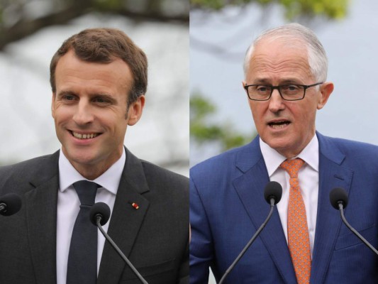 El presidente francés, Emmanuel Macron y el primer ministro australiano, Malcolm Turnbull. Foto AFP