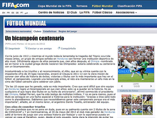 Fifa felicita al Olimpia de Honduras por su Centenario