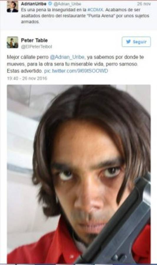 Con este mensaje amenzaron a Adrián Uribe en su cuenta de Twitter.