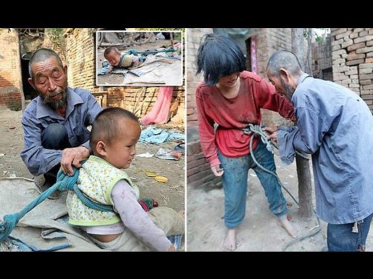 China: Anciano ata a un poste a su esposa e hijo
