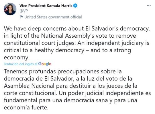 El tuit de la vicepresidenta de EE.UU. Kamala Harri. Foto captura Twitter