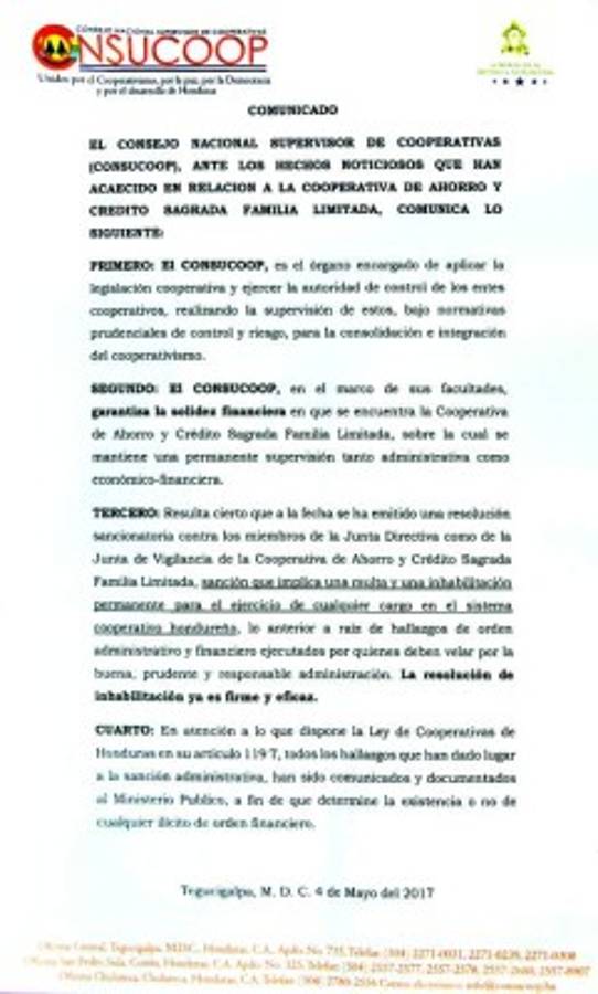 Comunicado donde el Consucoop confirma inhabilitación de directivos y la copia de la denuncia interpuesta en la Fiscalía.