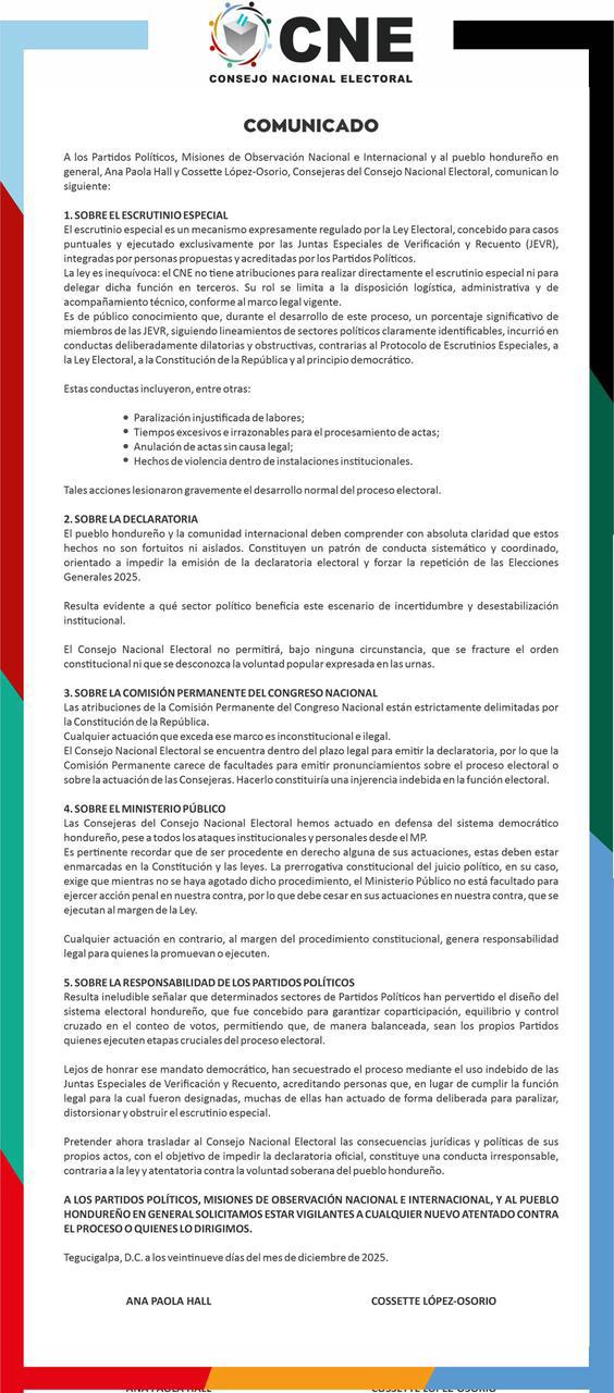 Consejeras del CNE denuncian estrategia para impedir declaratoria oficial