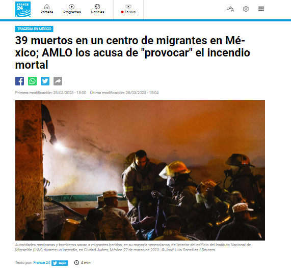 “Tragedia”: así informa el mundo la muerte de migrantes en un incendio en México