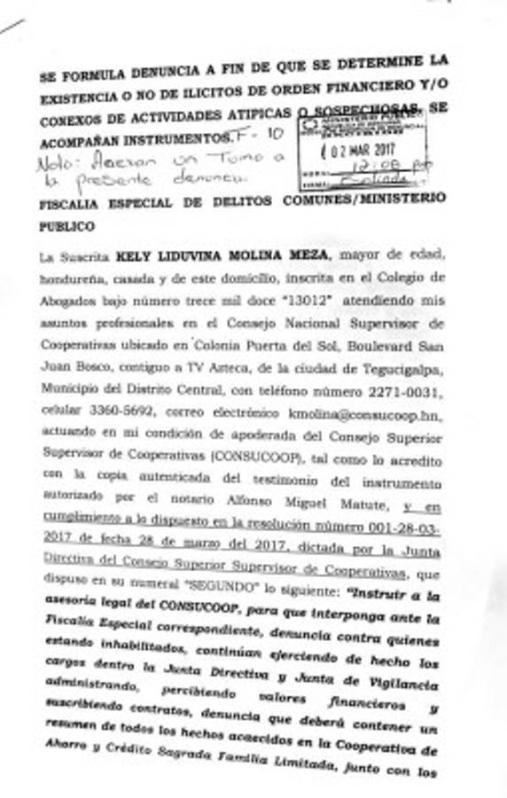 Comunicado donde el Consucoop confirma inhabilitación de directivos y la copia de la denuncia interpuesta en la Fiscalía.