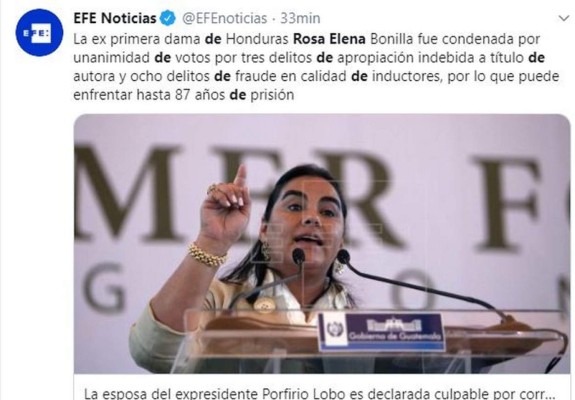Así informaron medios internacionales fallo contra ex primera dama de Honduras