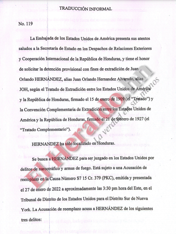 Solicitud de extradición íntegra de Estados Unidos contra Juan Orlando Hernández