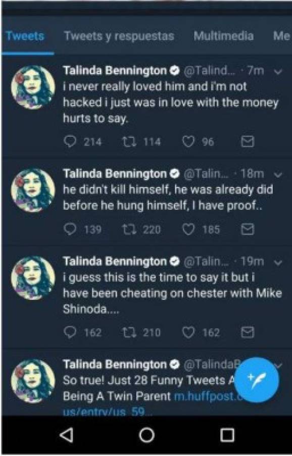 Los mensajes que aparecieron en la cuenta de Twitter de Talinda Bennington.