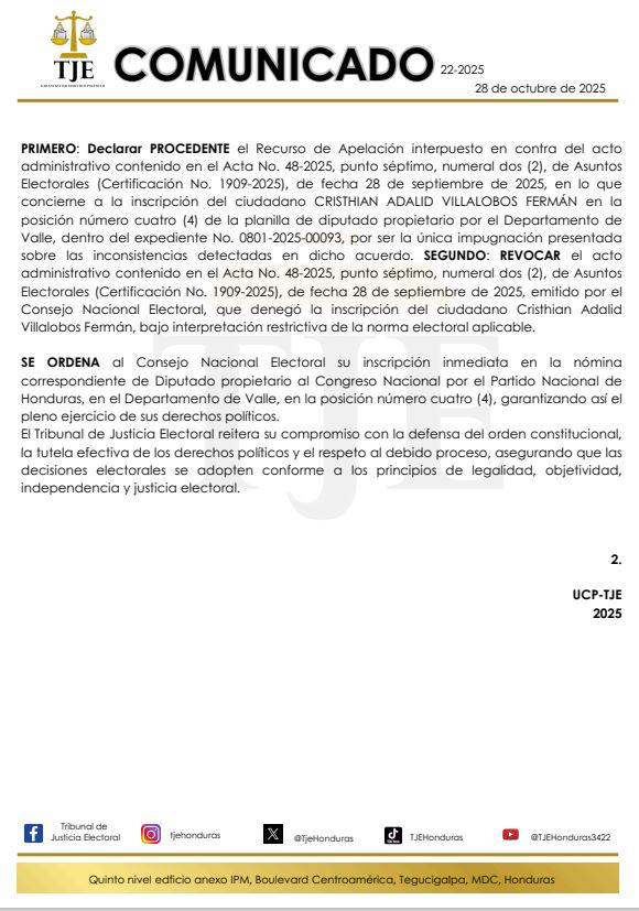 TJE ordena inscripción de Jorge Cálix en papeleta de diputados por Olancho