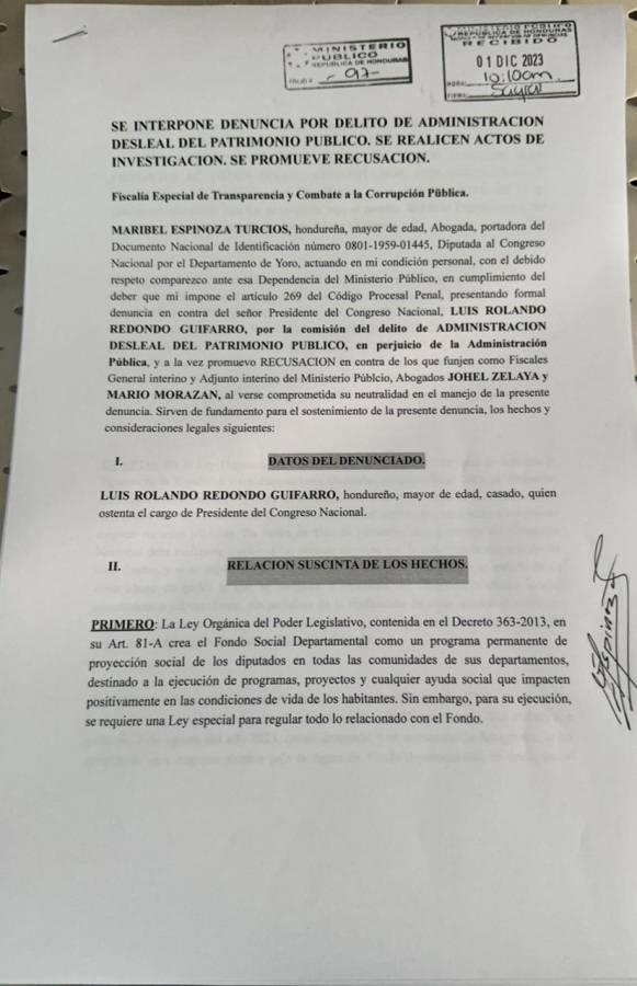Maribel Espinoza denuncia a Redondo por entrega irregular de bonos a diputados